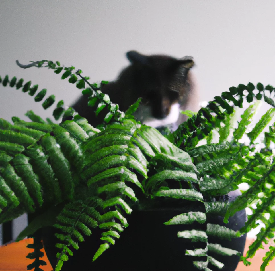 Ball Fern with a cat in the background
