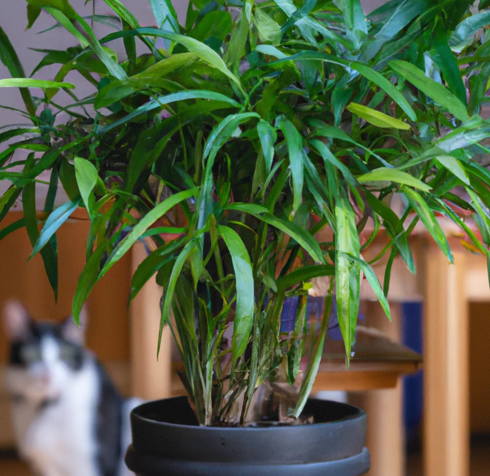 Bamboo Palm with a cat in the background