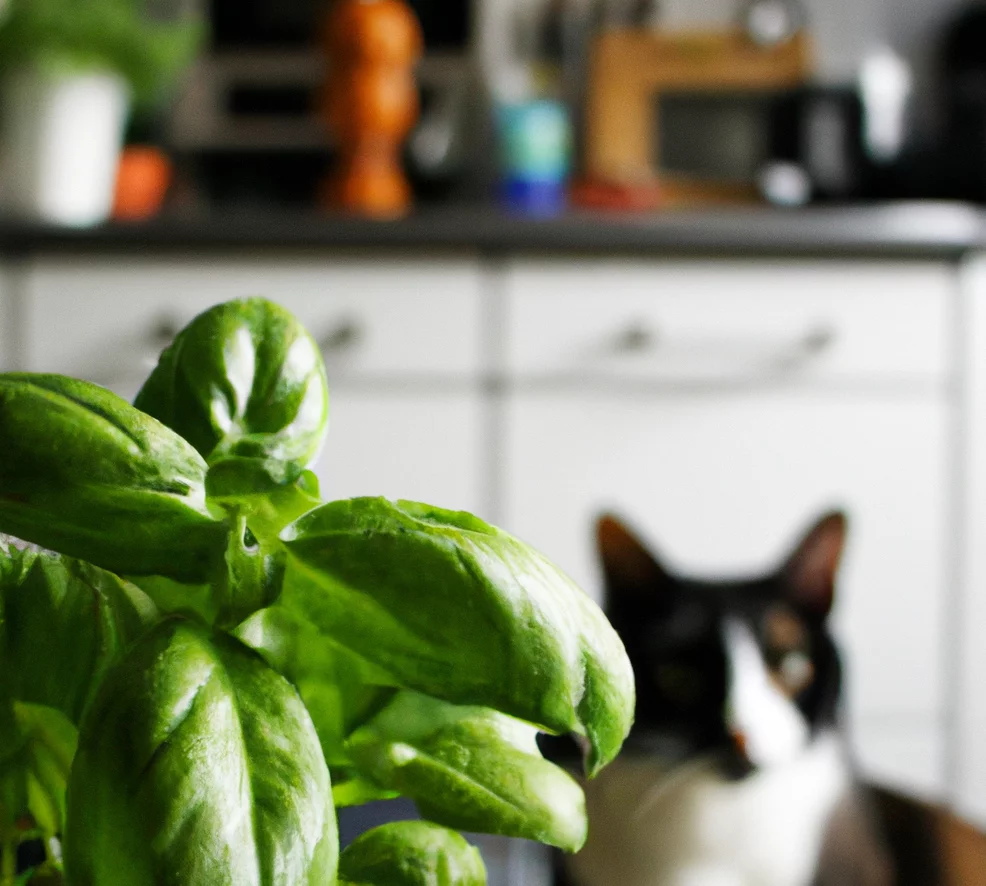 Basil with a cat in the background