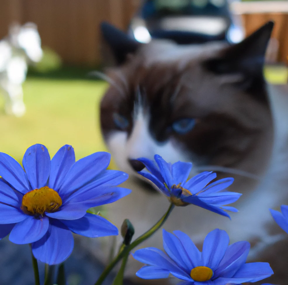 Blue Daisy with a cat in the background