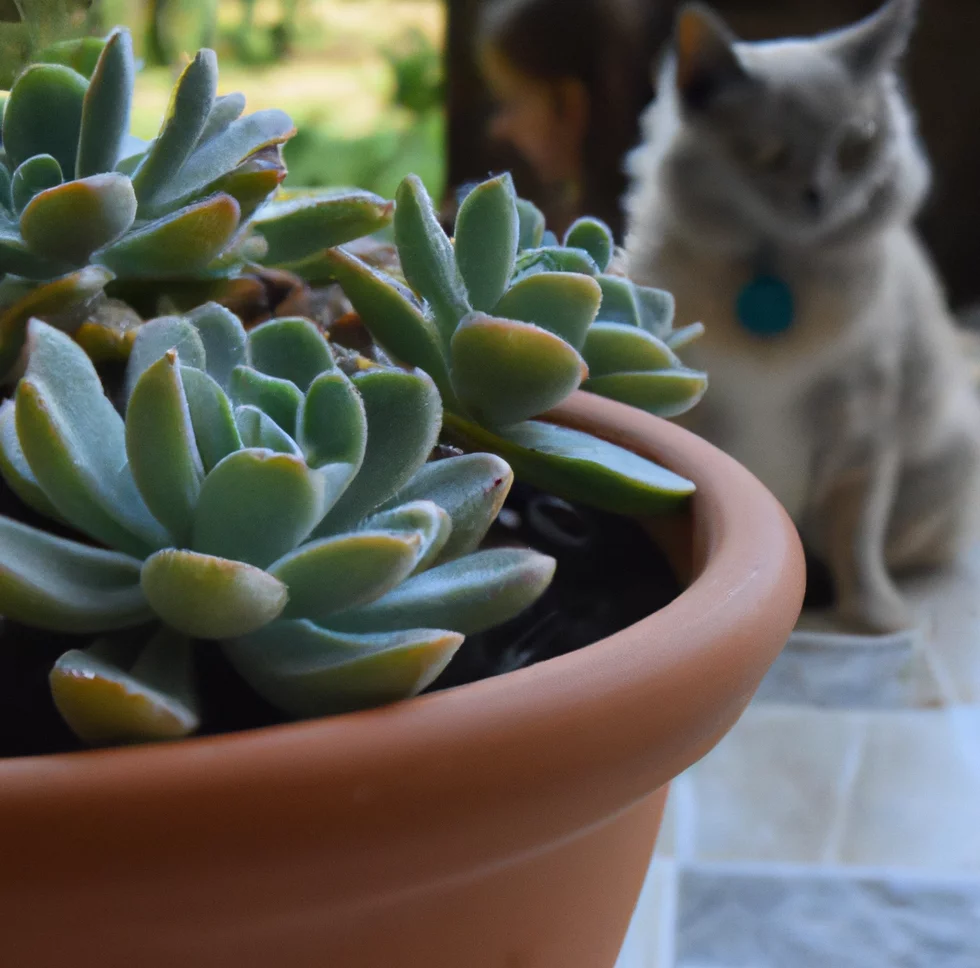 Blue Echeveria with a cat in the background
