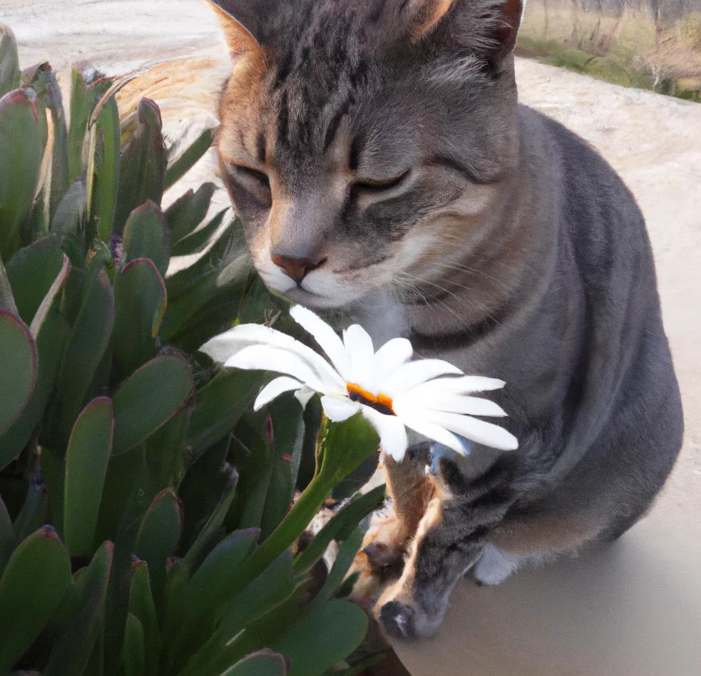 Blue-Eyed Daisy and a cat nearby