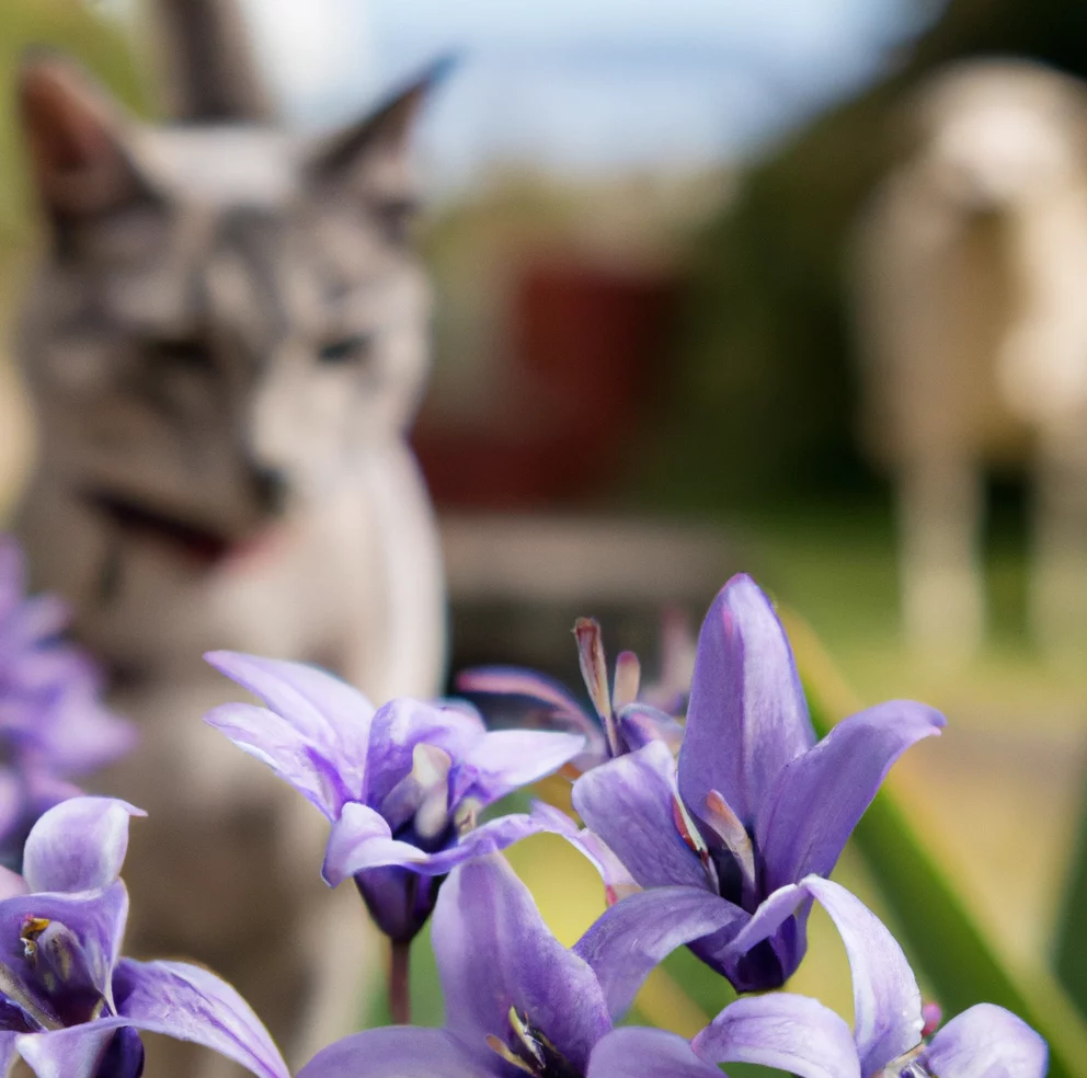 Blue-dicks with a cat in the background