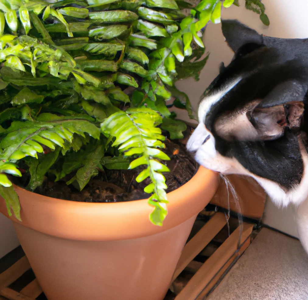 Bold Sword Fern with a cat trying to sniff it