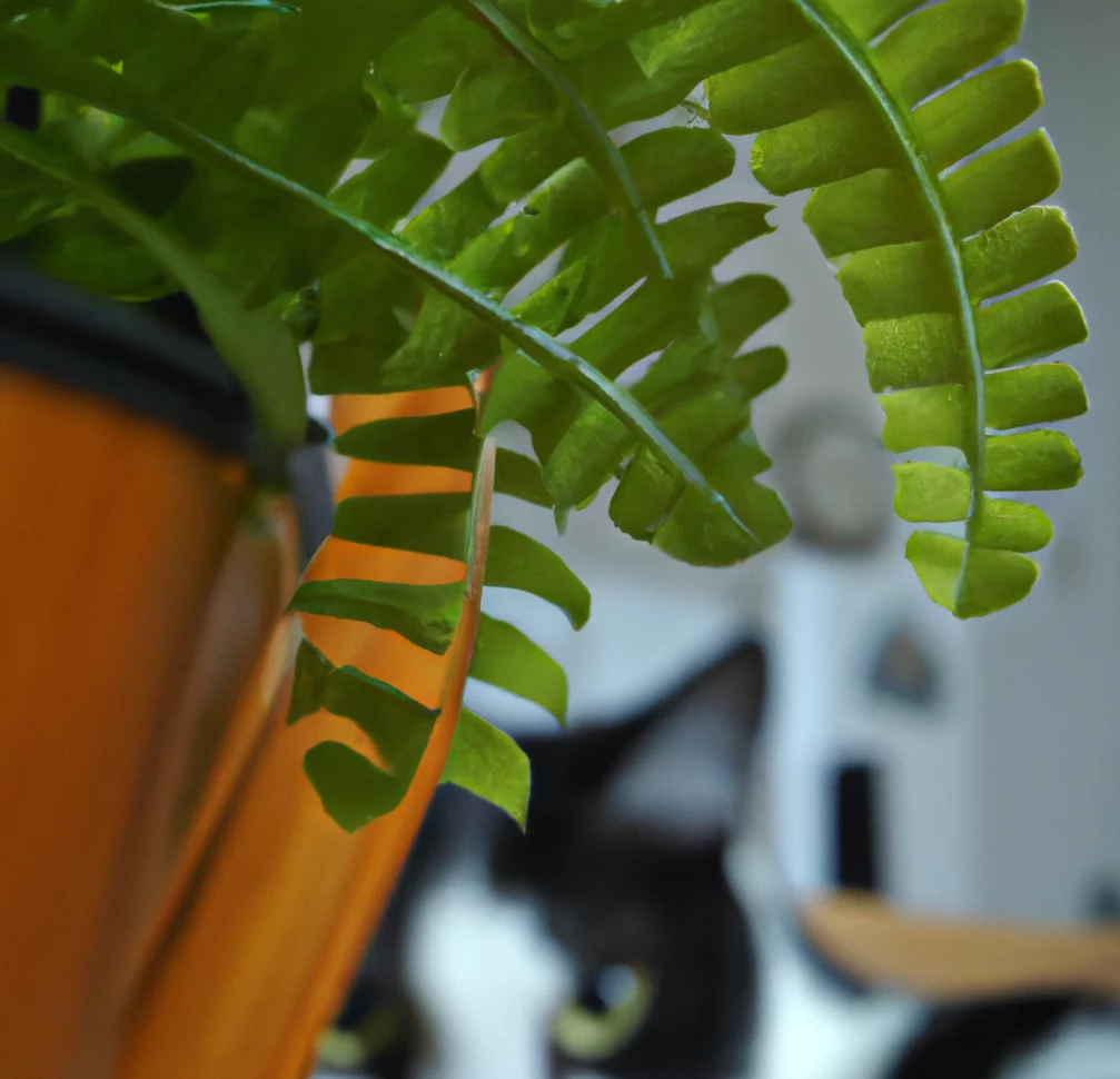 Boston Fern and a cat nearby