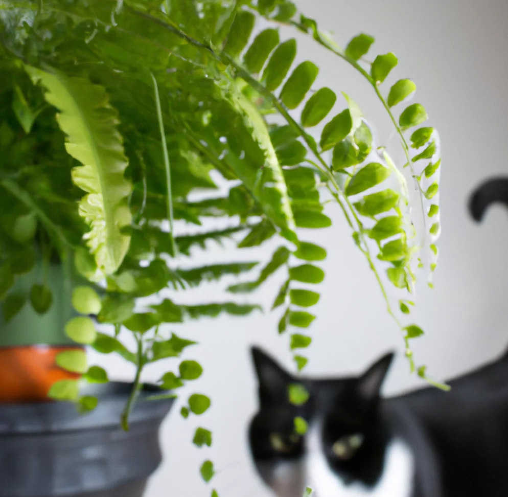 Boston Fern with a cat trying to sniff it
