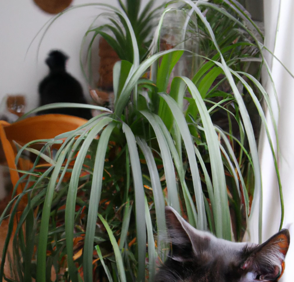 Bottle palm with a cat in the background