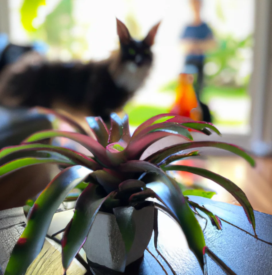 Bromeliad Plant with a cat in the background