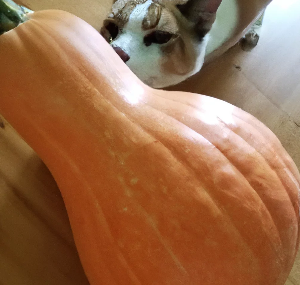 Butternut Squash with a cat trying to sniff it