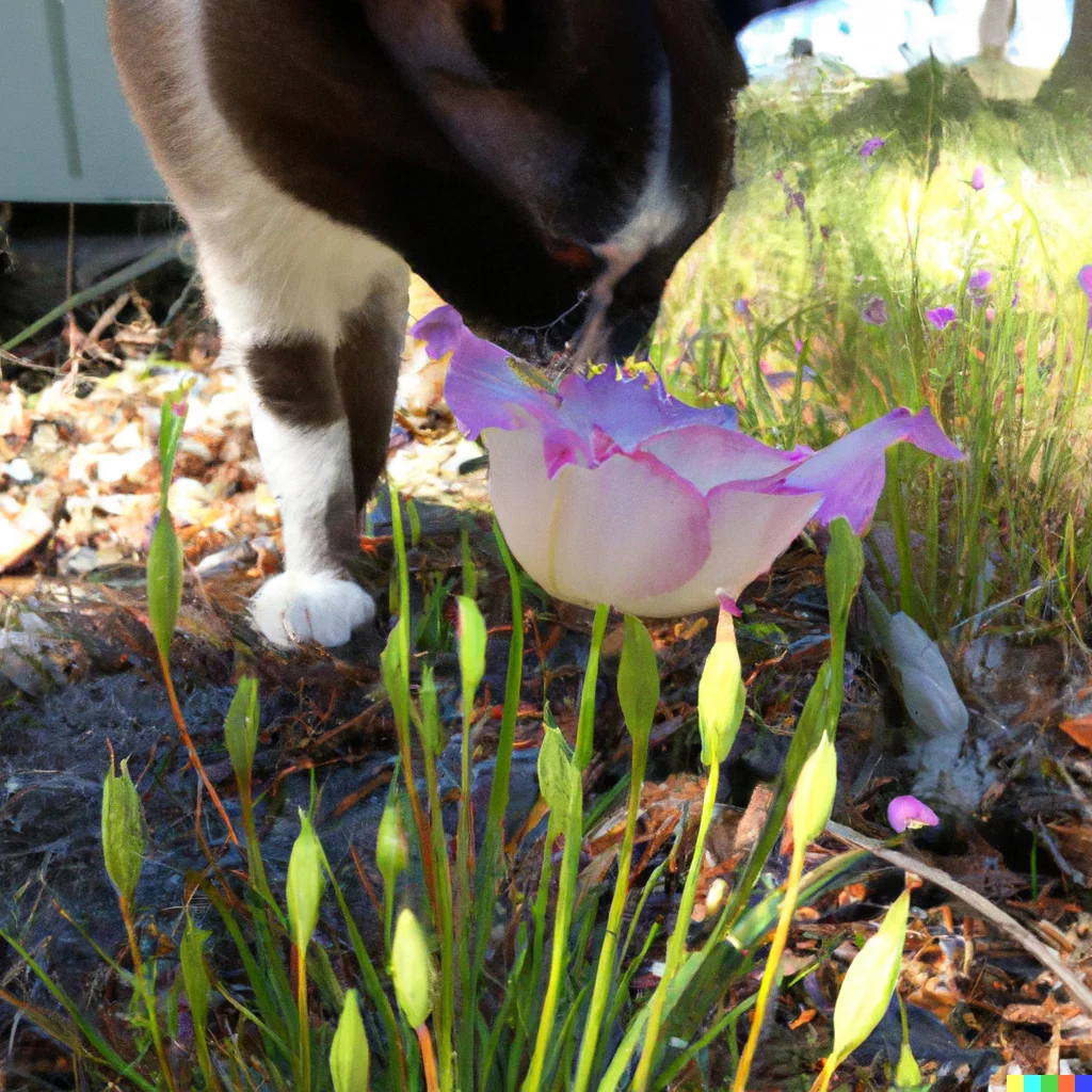 Calochortus Nuttallii flowers with a cat trying to sniff it