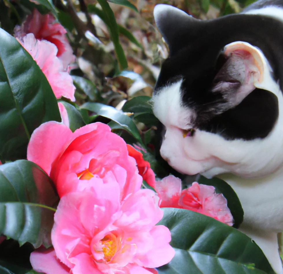 Camellia flowers with a cat trying to sniff it