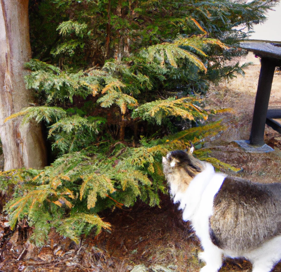 Canada Hemlock with a cat trying to sniff it