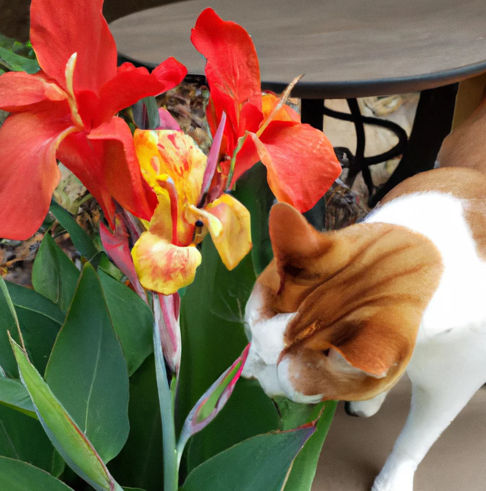 Canna Lily with a cat trying to sniff it