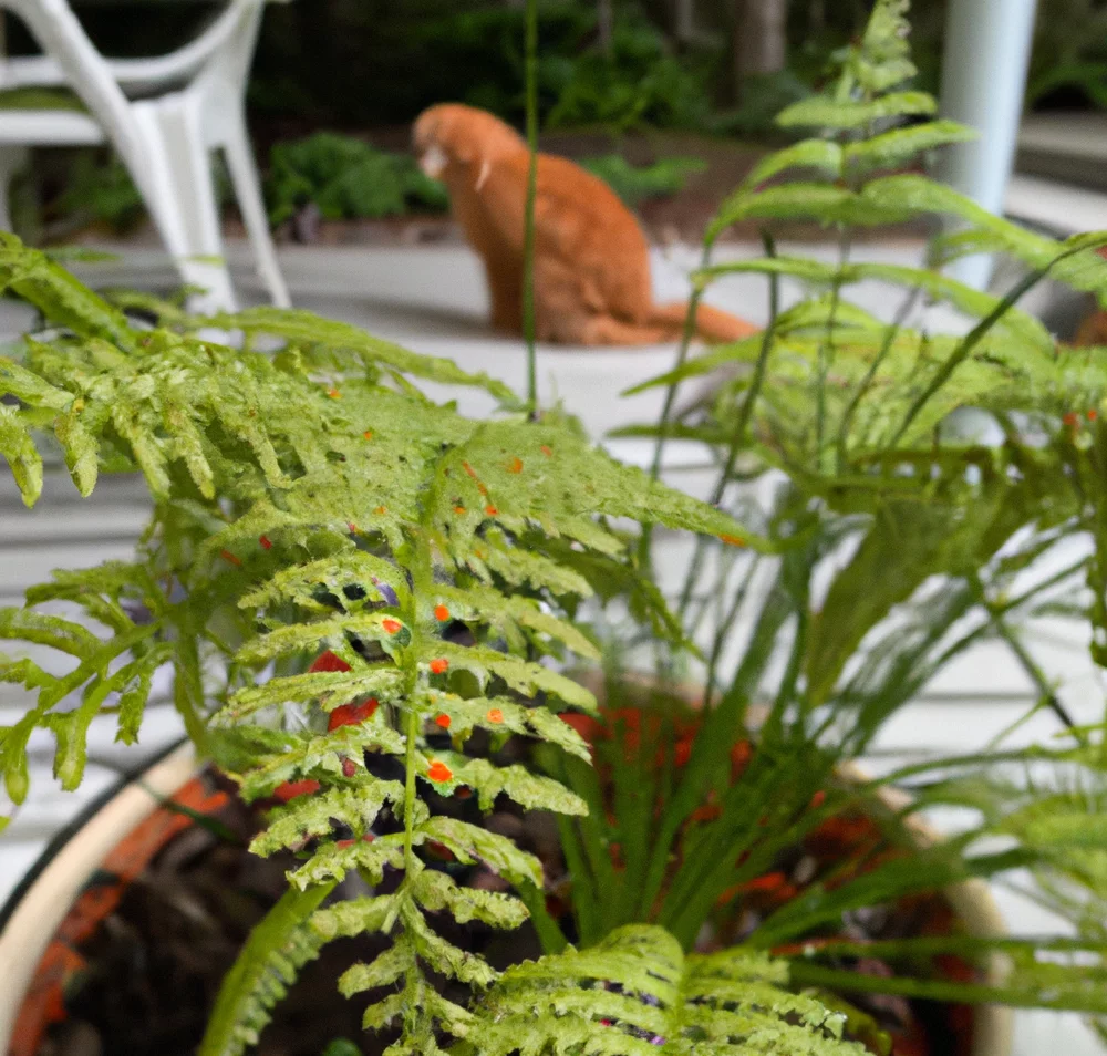 Carrot fern with a cat in the background