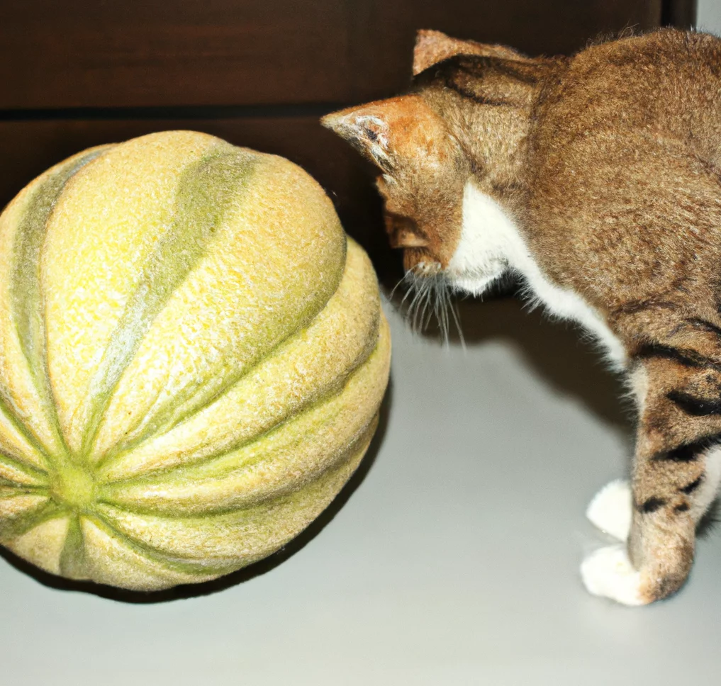 Casaba Melon with a cat trying to sniff it