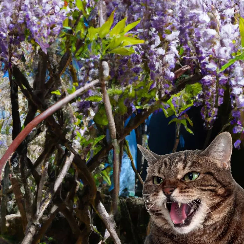 Cat hissing at Wisteria