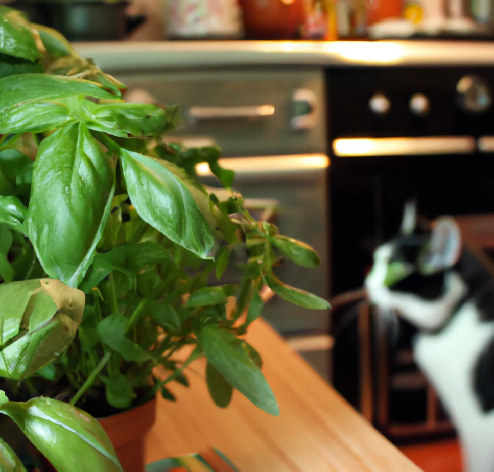 Cat looks at Basil in the kitchen