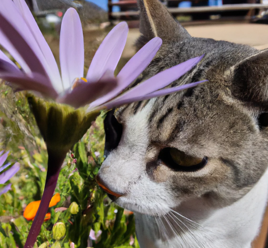 Cat looks at Blue-Eyed Daisy