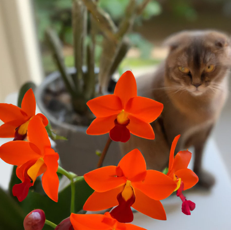 Cat looks at Brazilian Orchid