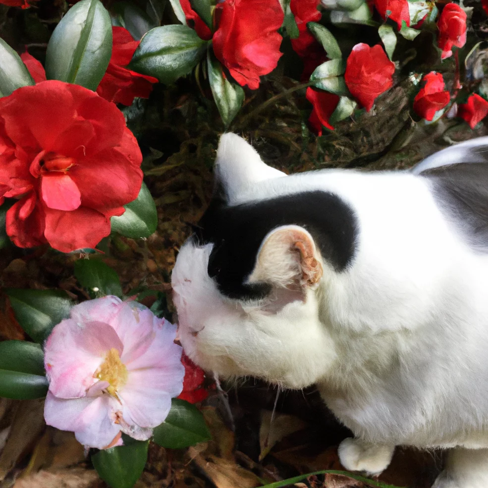 Cat looks at Camellia flowers