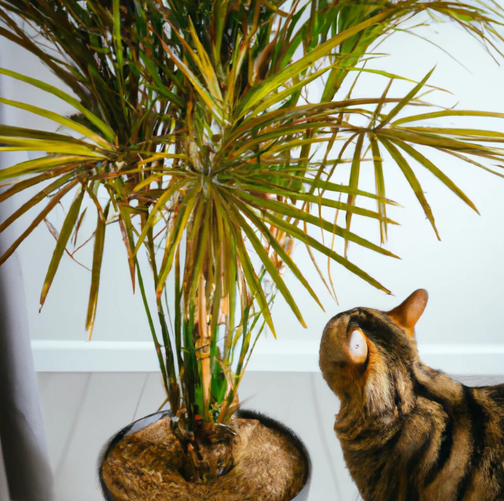 Cat looks at Cane Palm