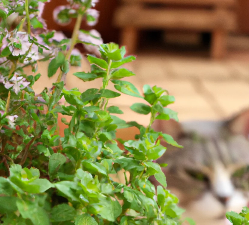 Cat looks at Marjoram plant