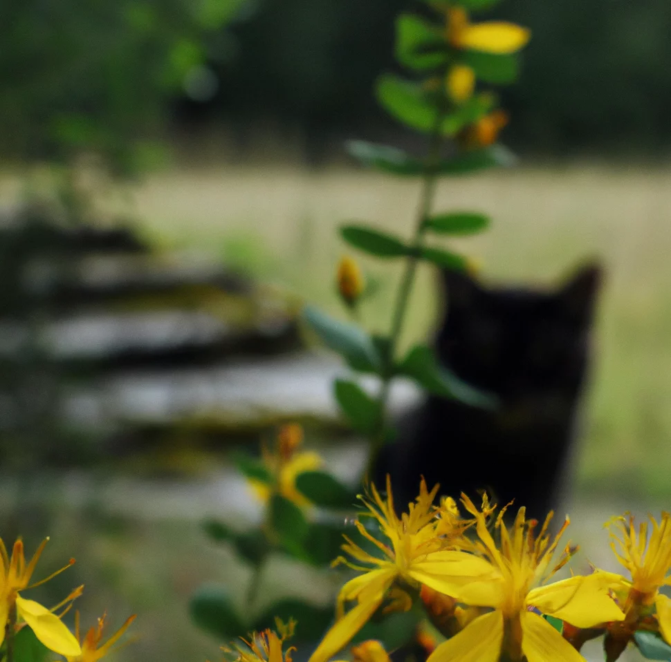 Cat looks at St. John’s Wort