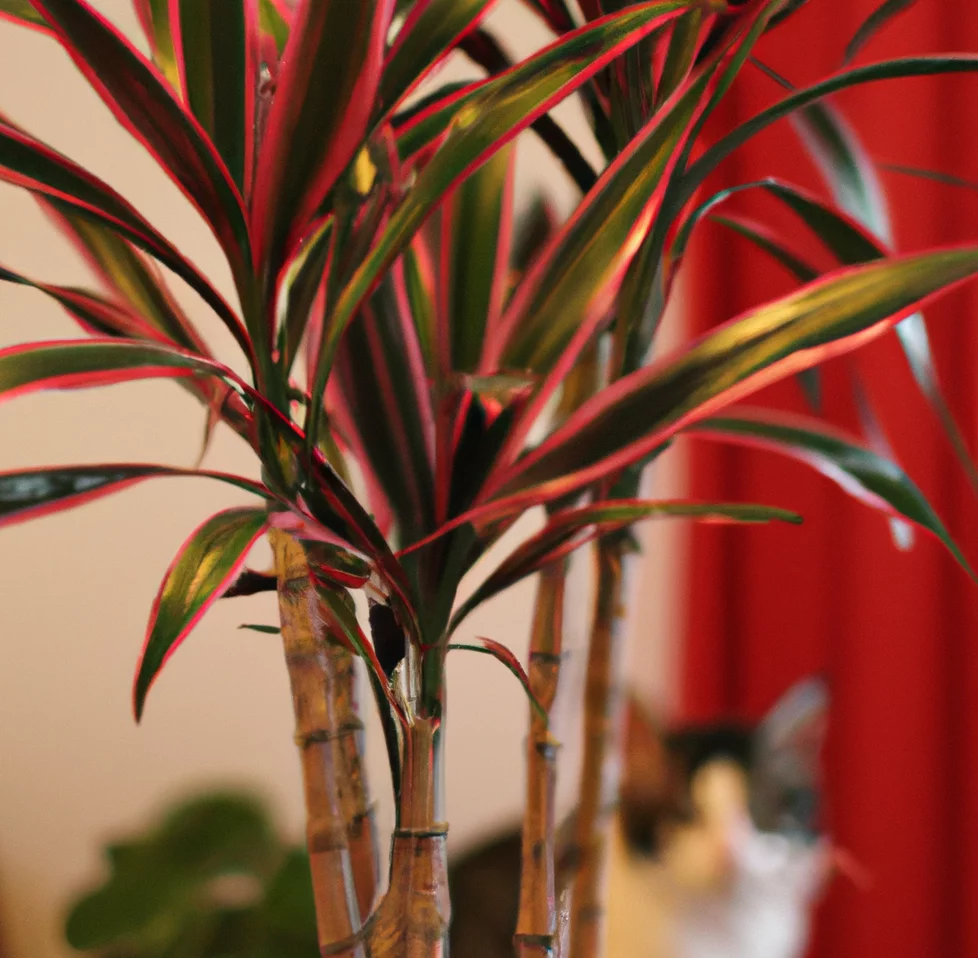 Cat looks at Straight-Margined Dracaena