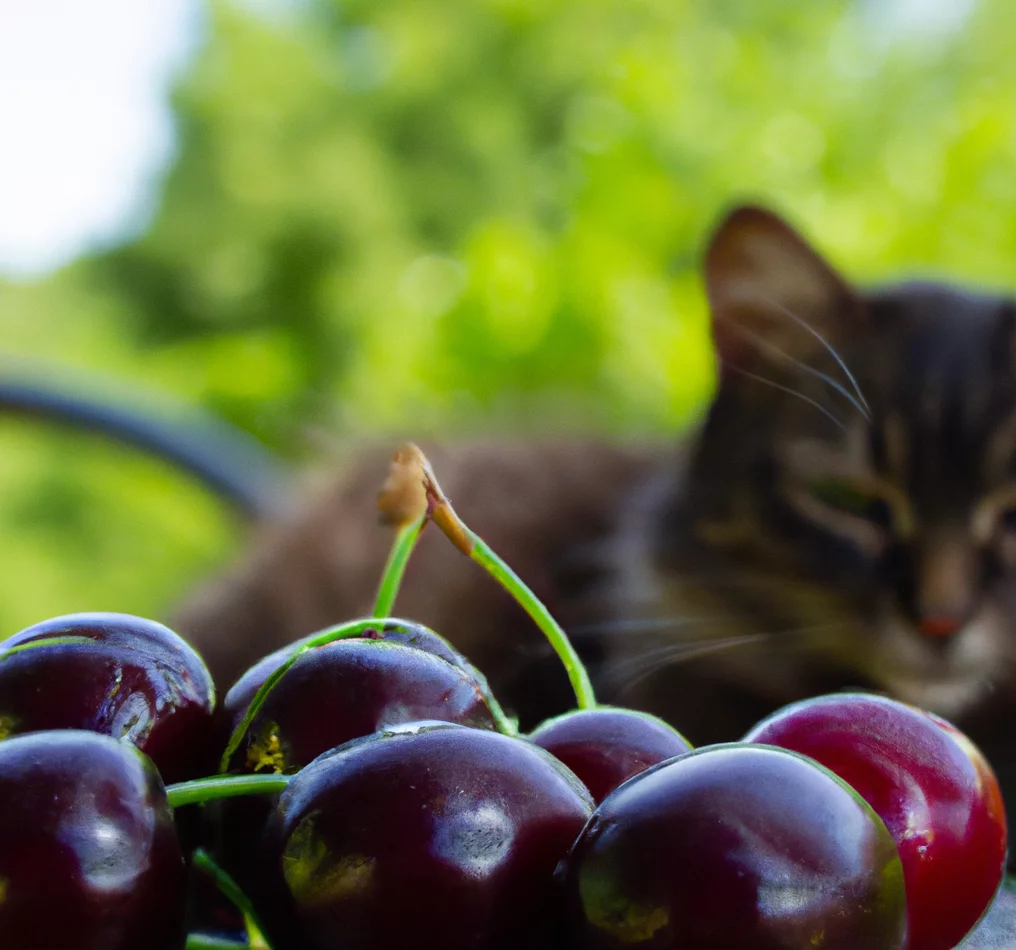 Cat looks at Sweet cherry fruits