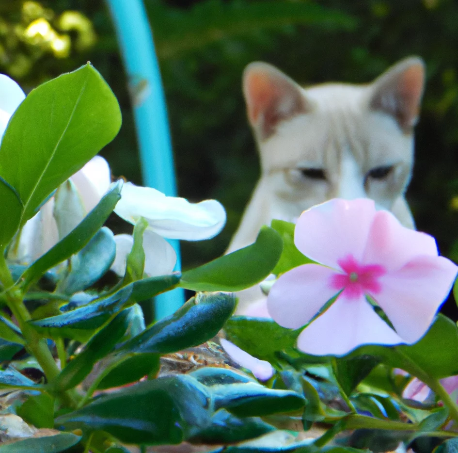 Cat looks at Vinca