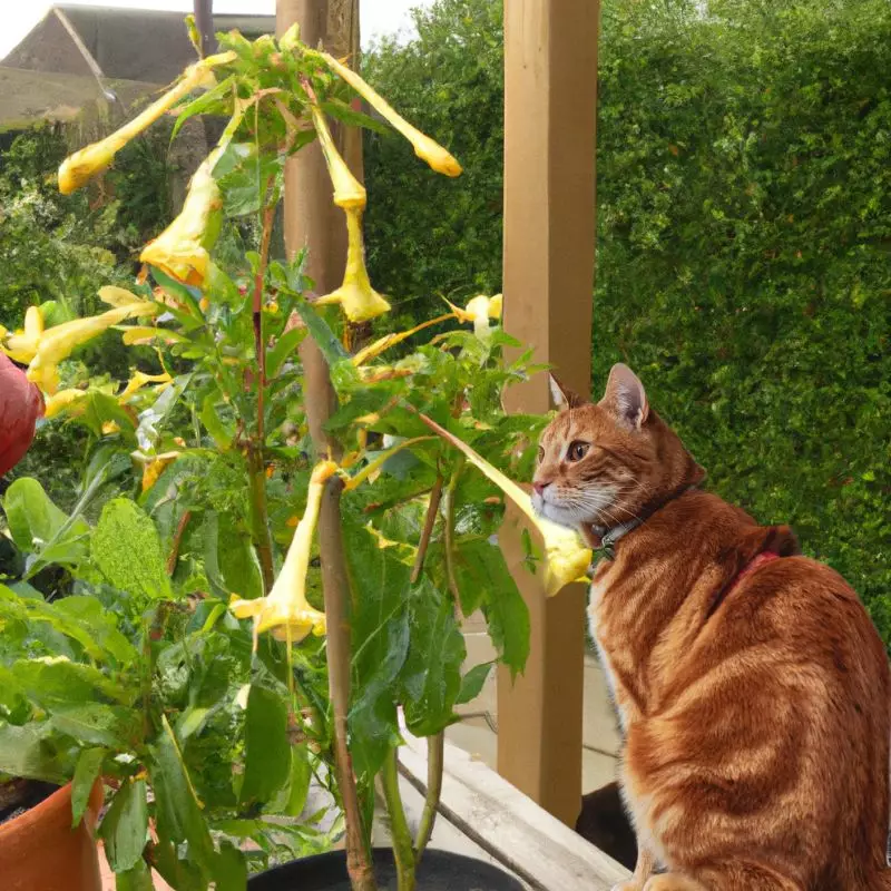 Cat looks at tobacco plant