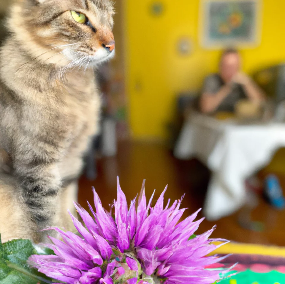 Cat sits near Barnaby’s Thistle