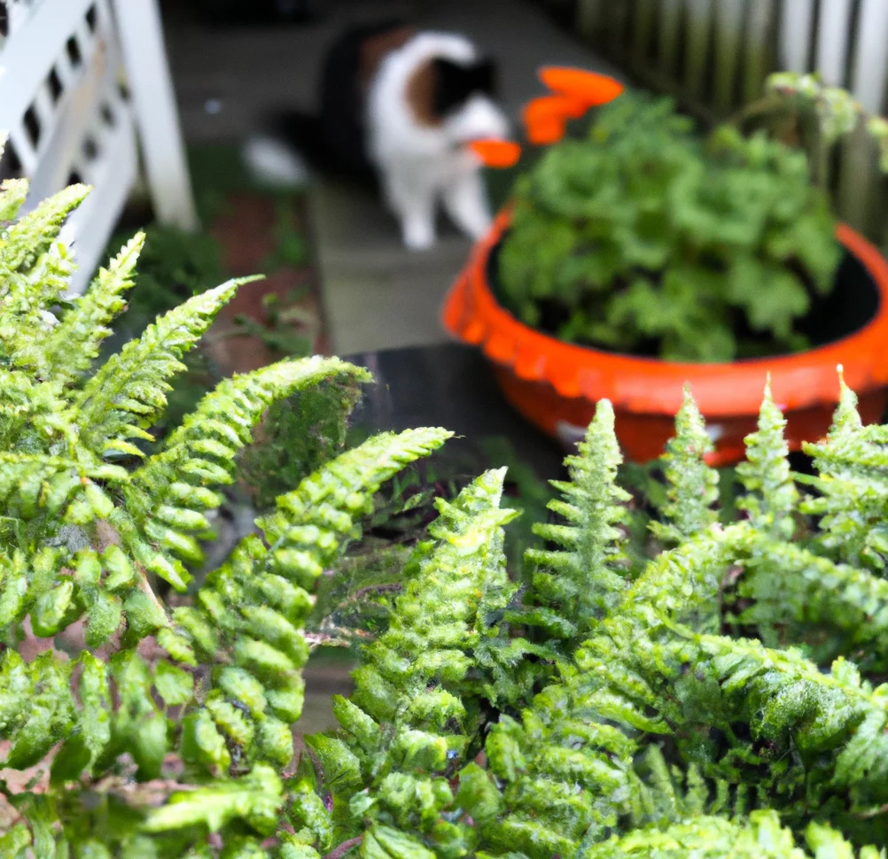 Cat sits near Carrot fern