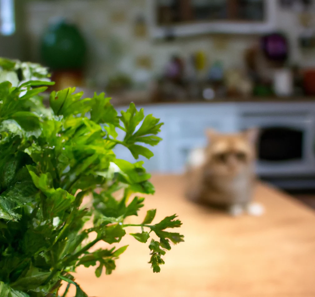 Cat sits near Chervil