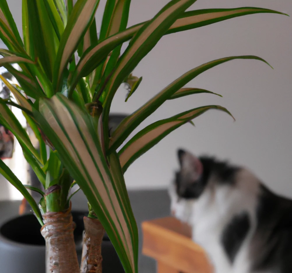 Cat sits near Warneckii Dracaena