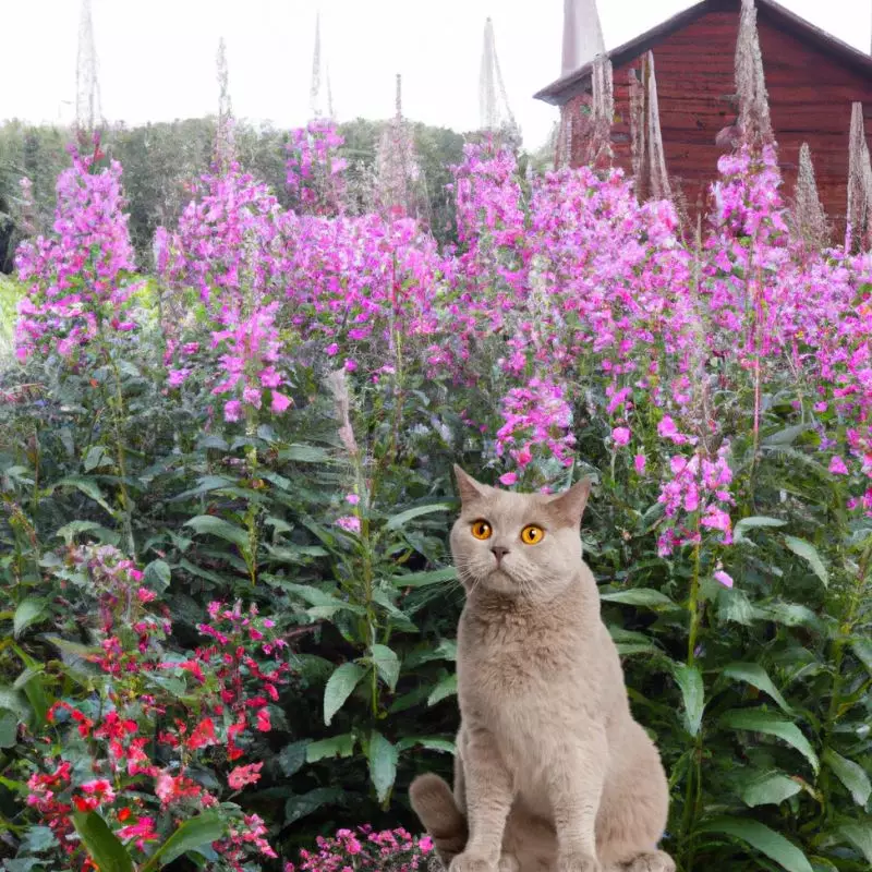 Cat sits near blooming sally