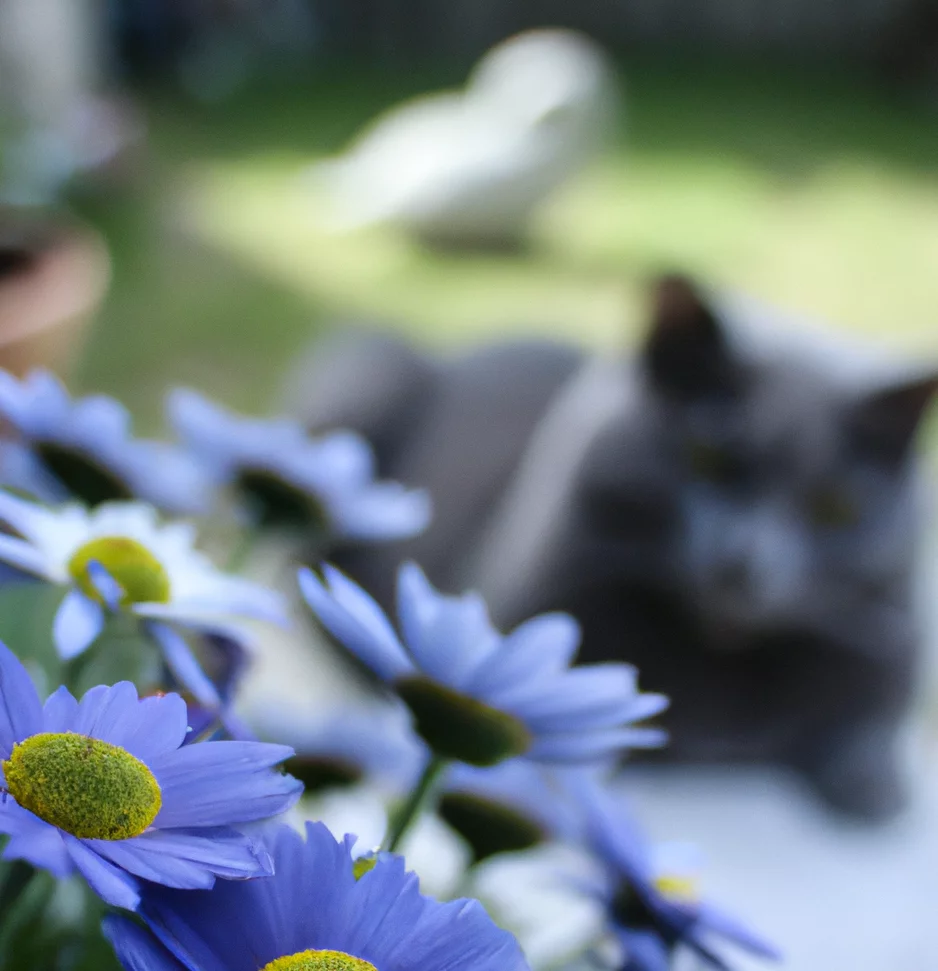 Cat sits near blue daisy