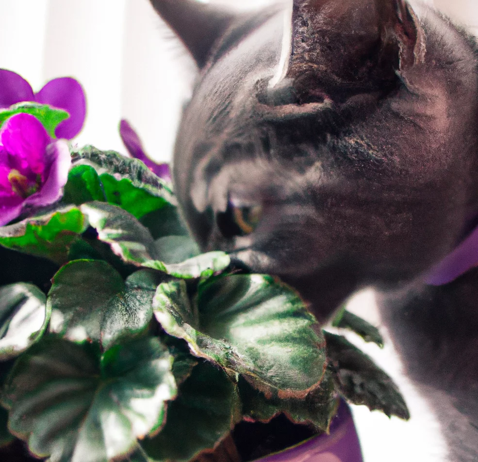 Cat sniffs African Violet