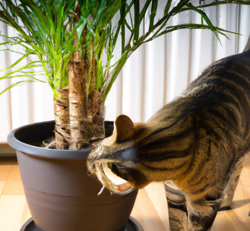 Cat sniffs Areca Palm
