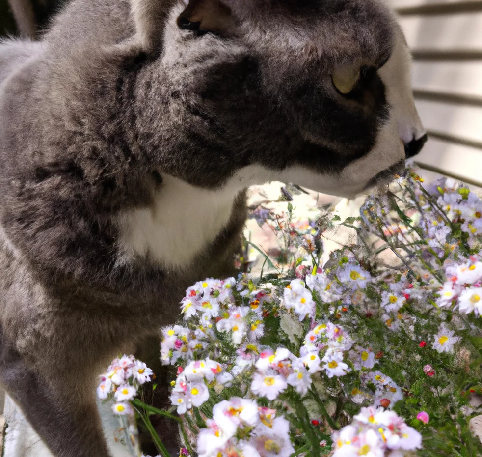 Cat stands near Alyssum