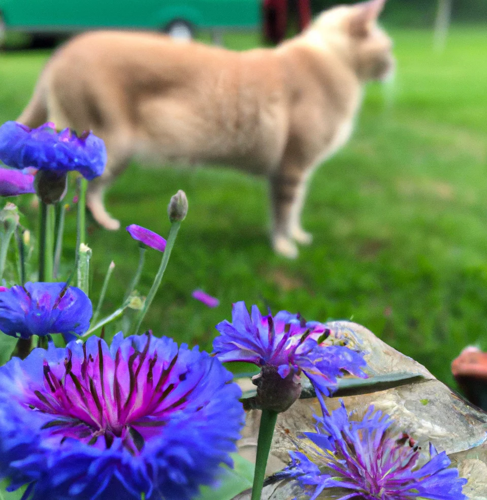 Cat stands near Bachelor’s Buttons