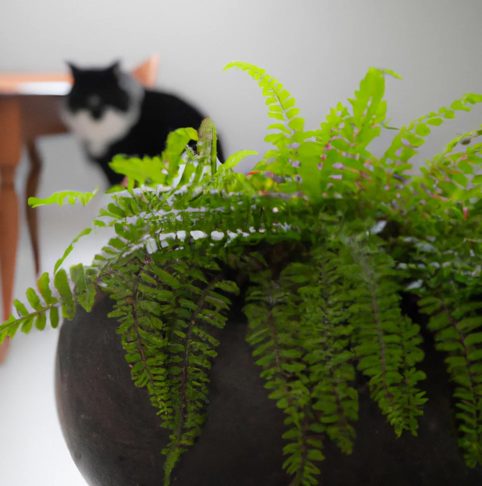 Cat stands near Ball Fern