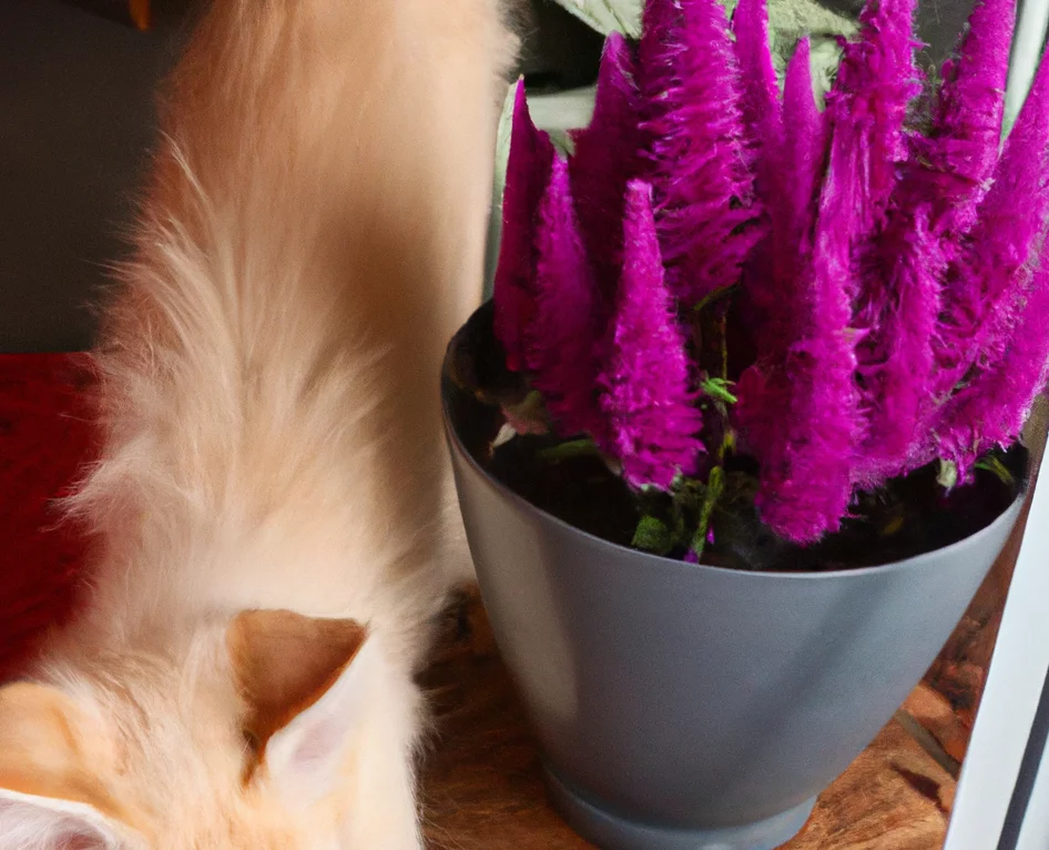 Cat stands near Celosia Plumosa