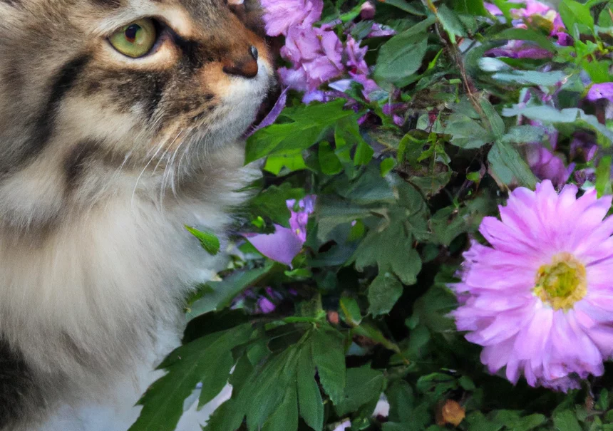 Cat stands near China Aster