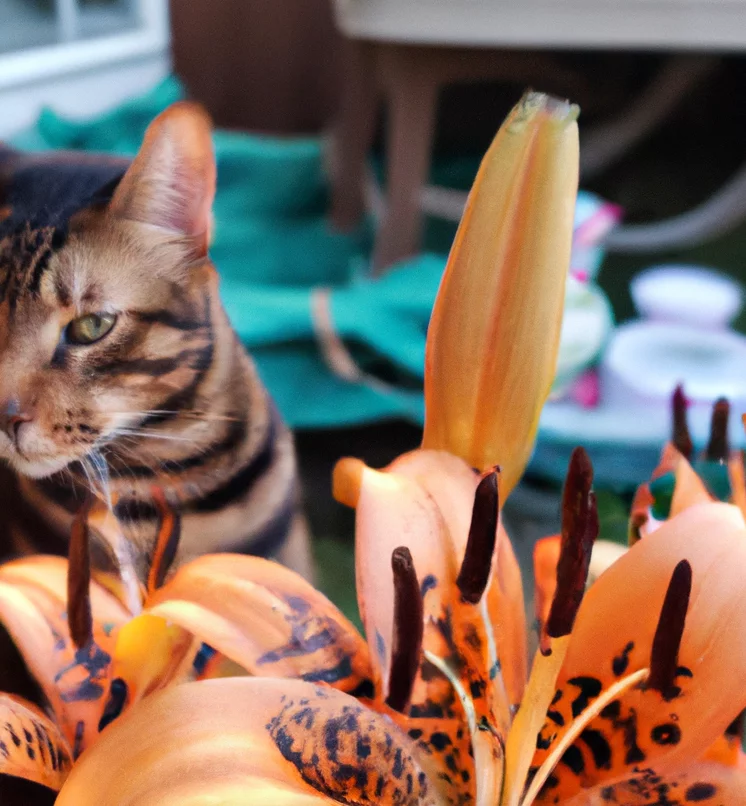 Cat stands near Tiger lily