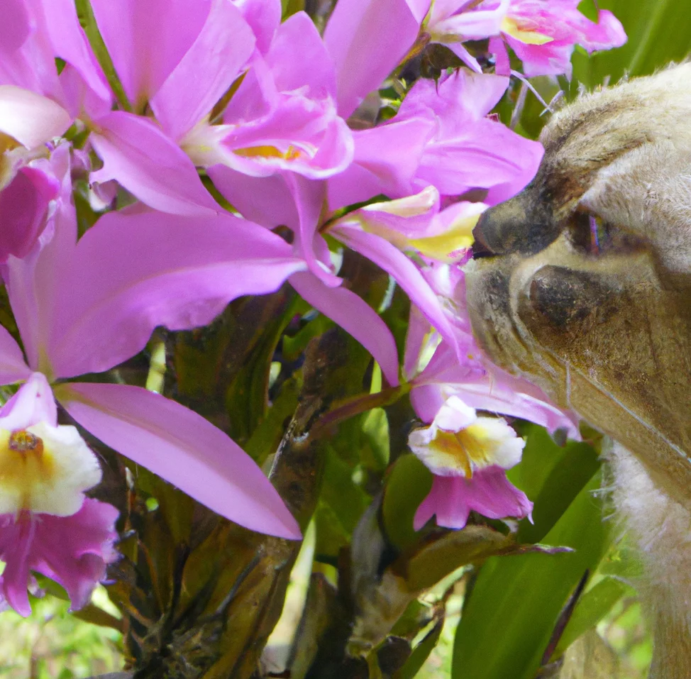 Cattleya Labiata with a cat trying to sniff it