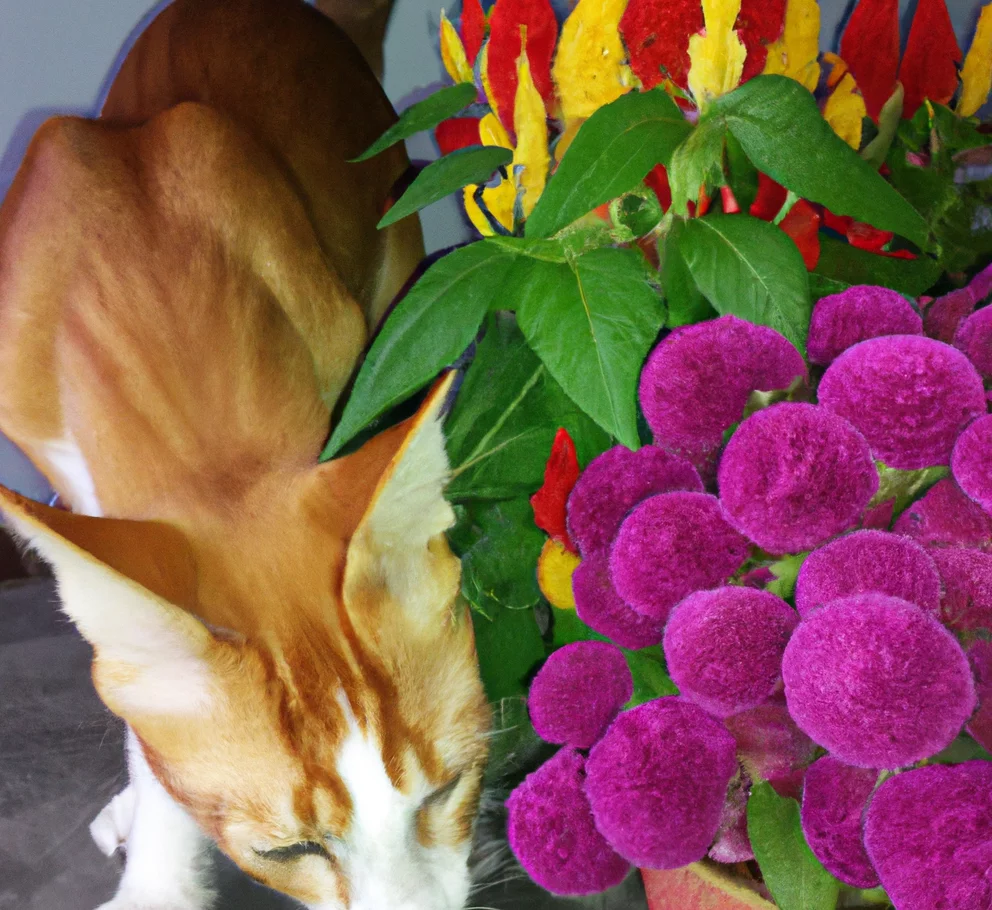 Celosia Globosa with a cat trying to sniff it