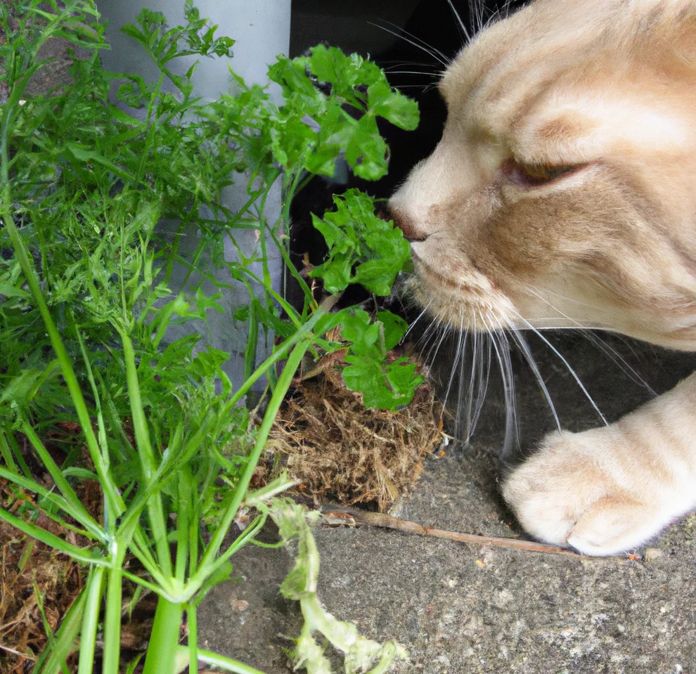 Chervil with a cat trying to sniff it