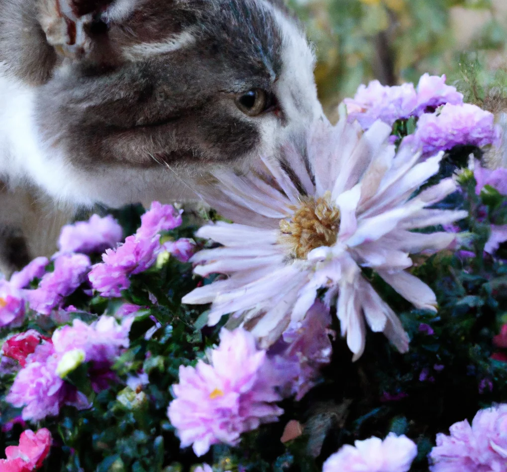 China Aster with a cat trying to sniff it