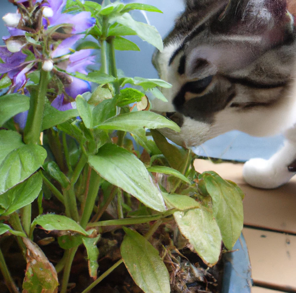 Jacob's Ladder Plant with a cat trying to sniff it